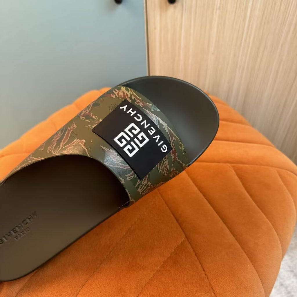 Olive Green Camouflage Slide Sandals with Black Strap - Main view