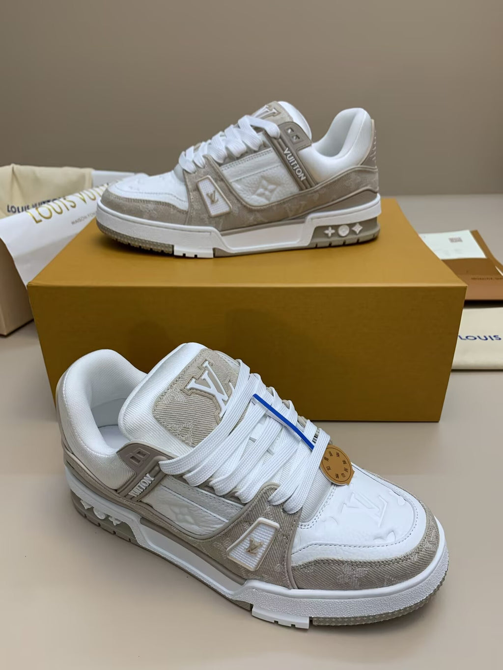 White and beige casual sneakers with thick sole