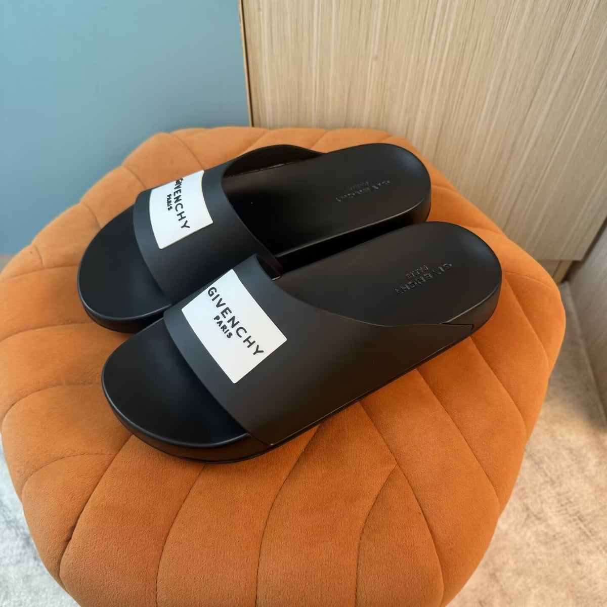 Black Slide Sandals with Embossed Sole - Back view