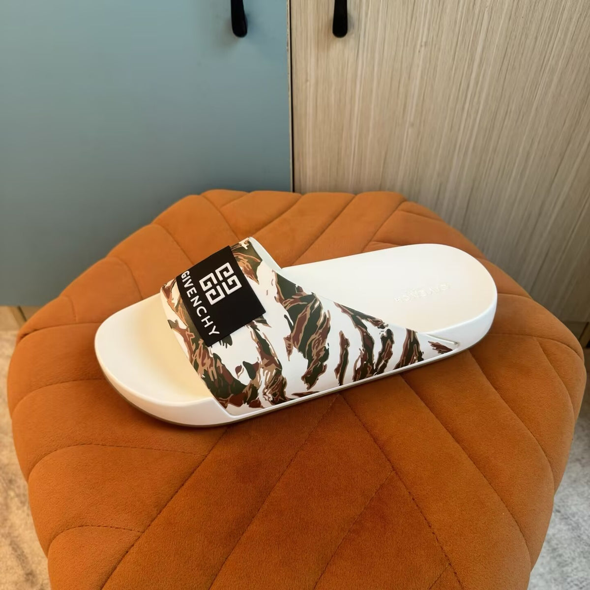 White and Khaki Camouflage Slide Sandals - On-foot view