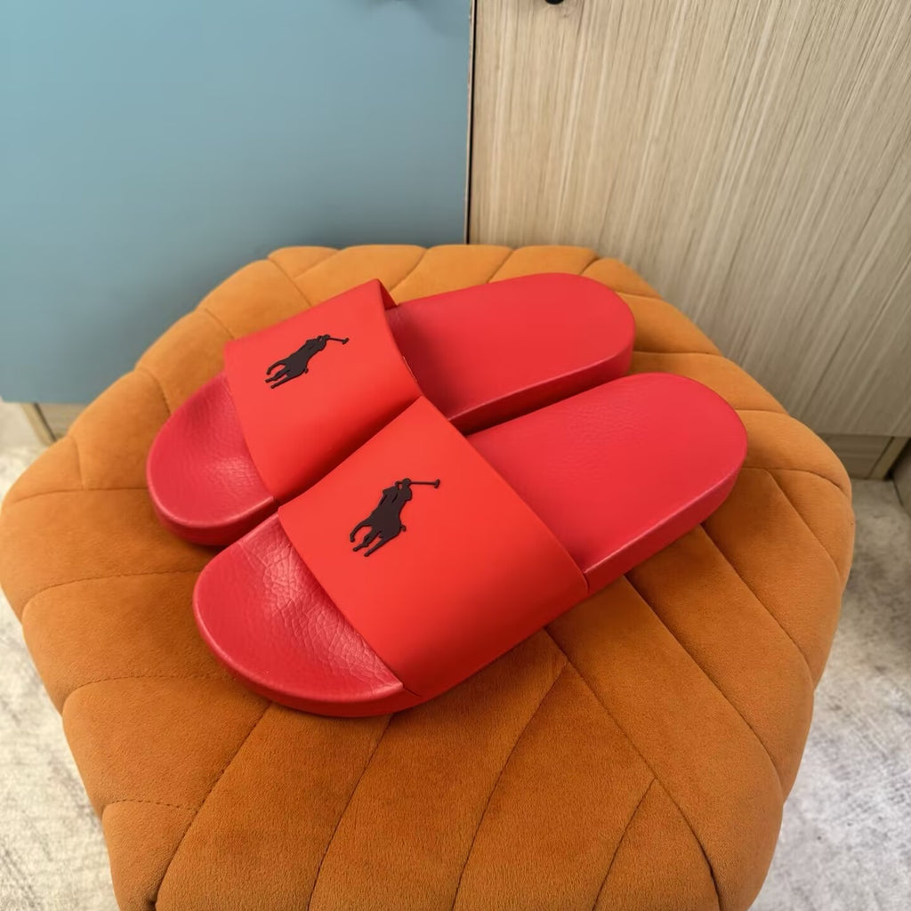 Red Slide Sandals with Embossed Logo - Main view