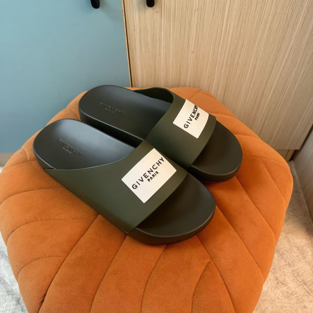 Olive Green Slide Sandals with Embossed Sole - Back view