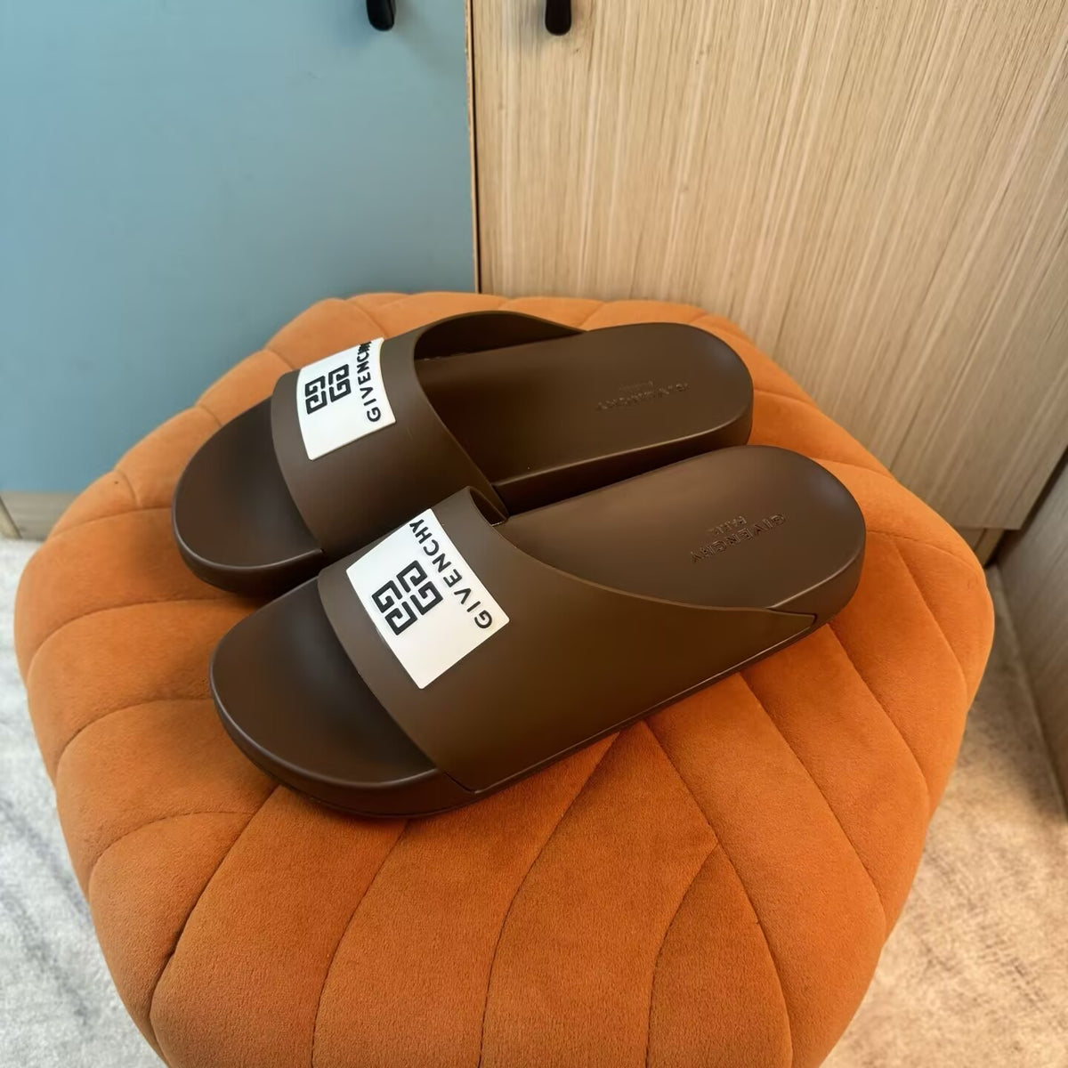 Brown Slide Sandals with Patterned Strap - Left side view