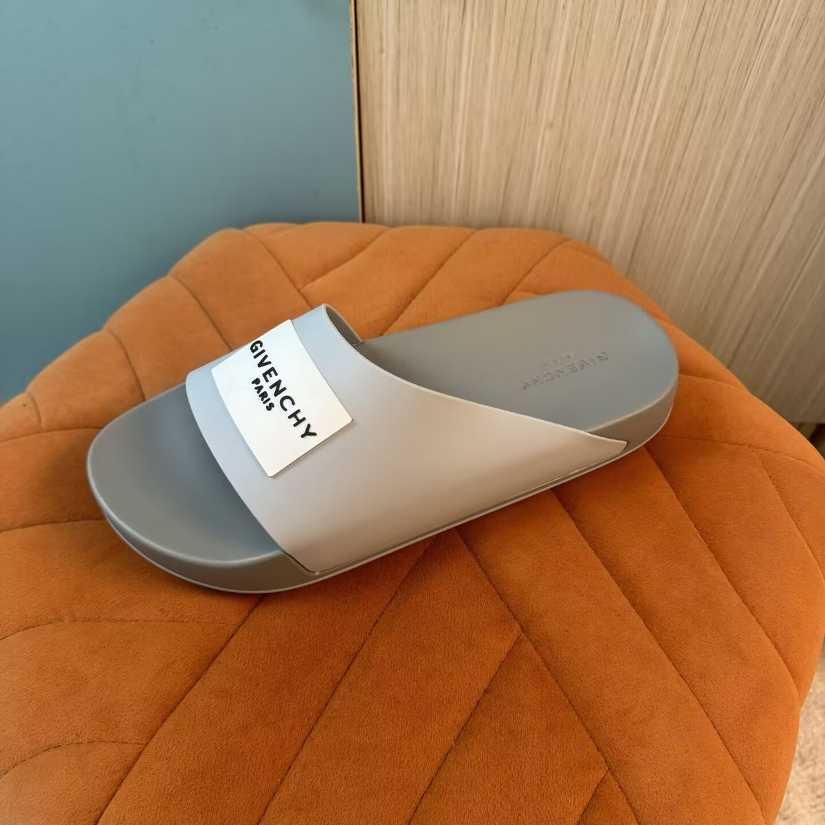 Gray Slide Sandals with Orange Accent - Left side view