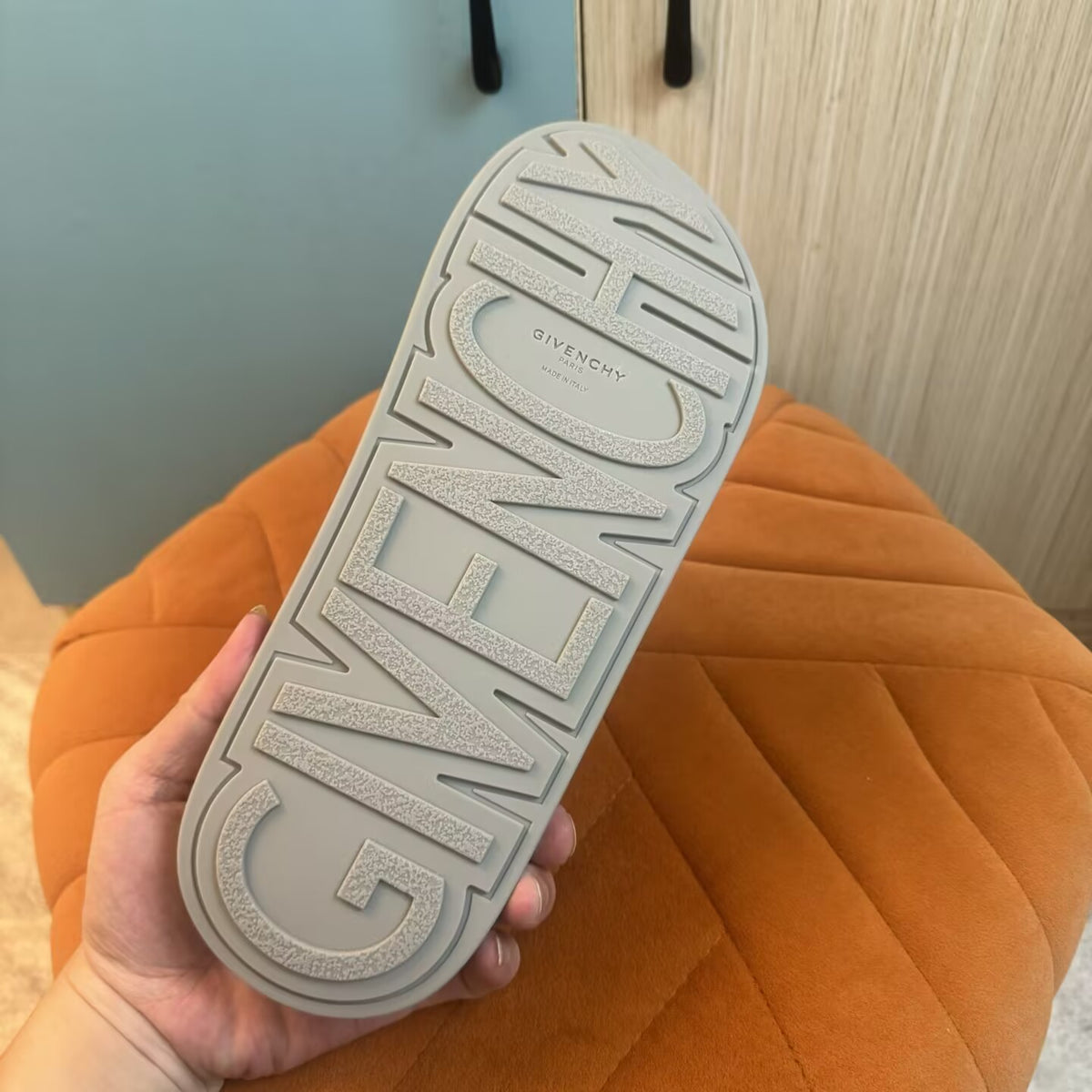 Gray Slide-On Slippers with Patterned Strap - Left side view