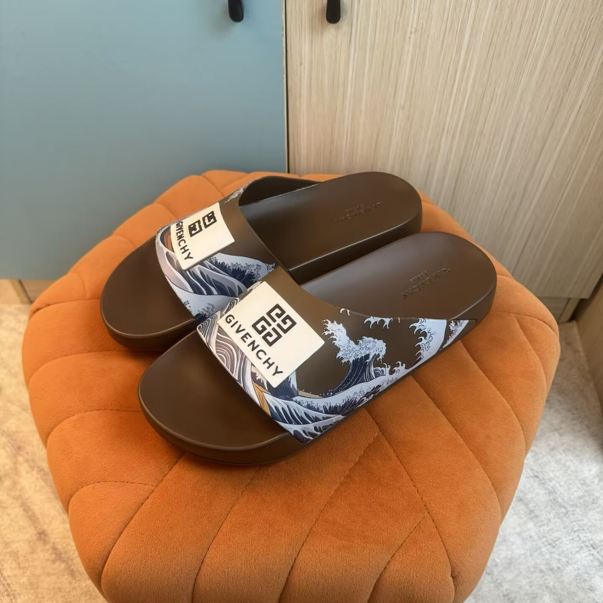 Brown Graphic Print Slide Sandals - Back view