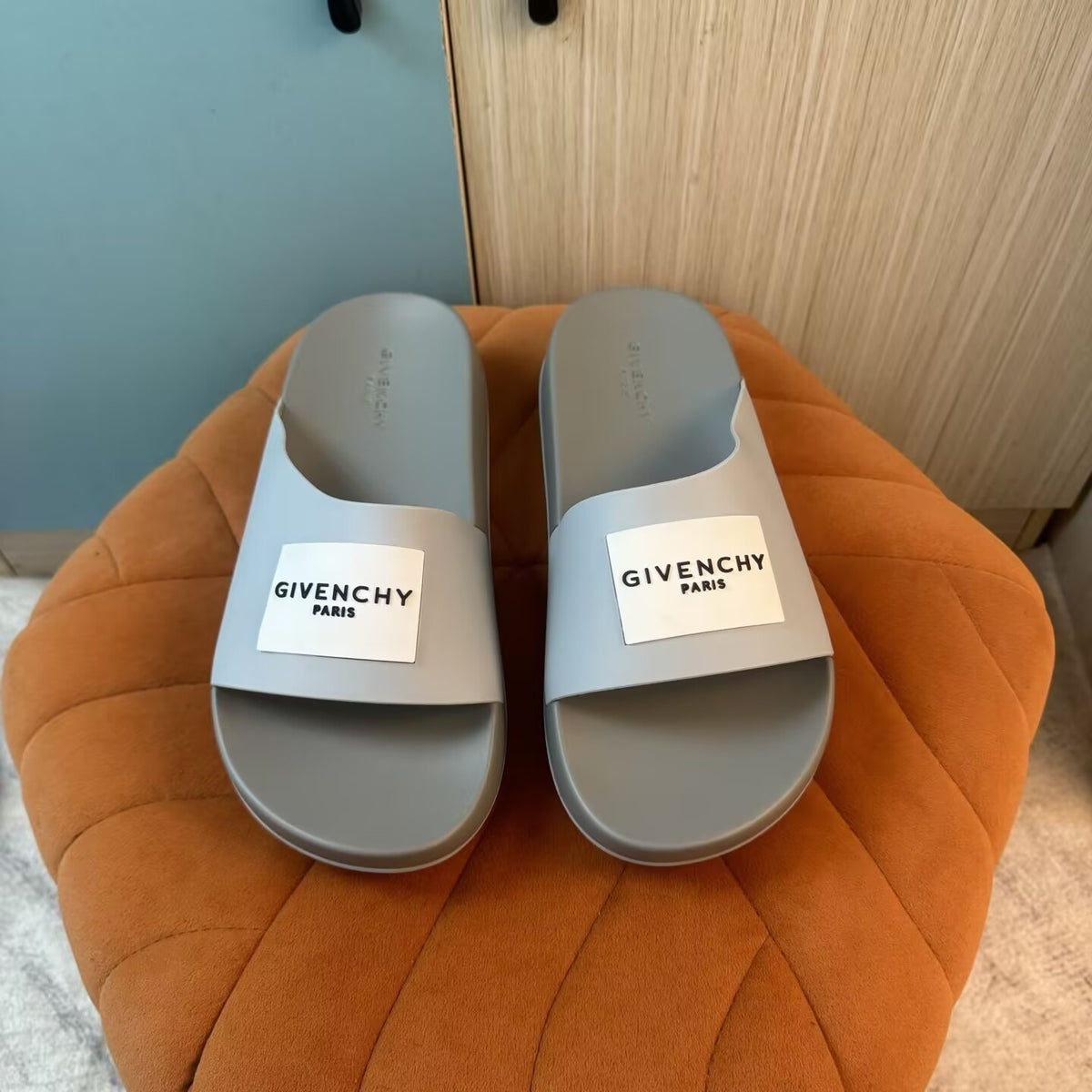 Gray Slide Sandals with Orange Accent - On-foot view