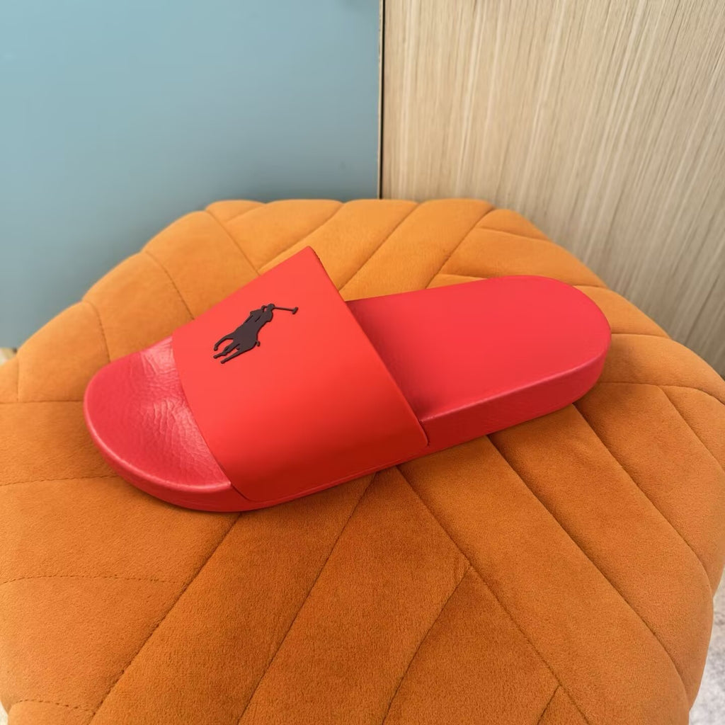 Red Slide Sandals with Embossed Logo - On-foot view