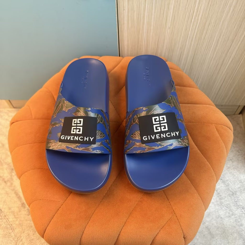 Blue Camouflage Slide-On Slippers with Patterned Upper - Main view