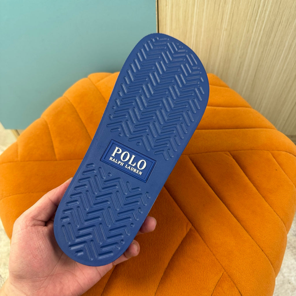 Blue Slide Sandals with Embossed Logo - Left side view