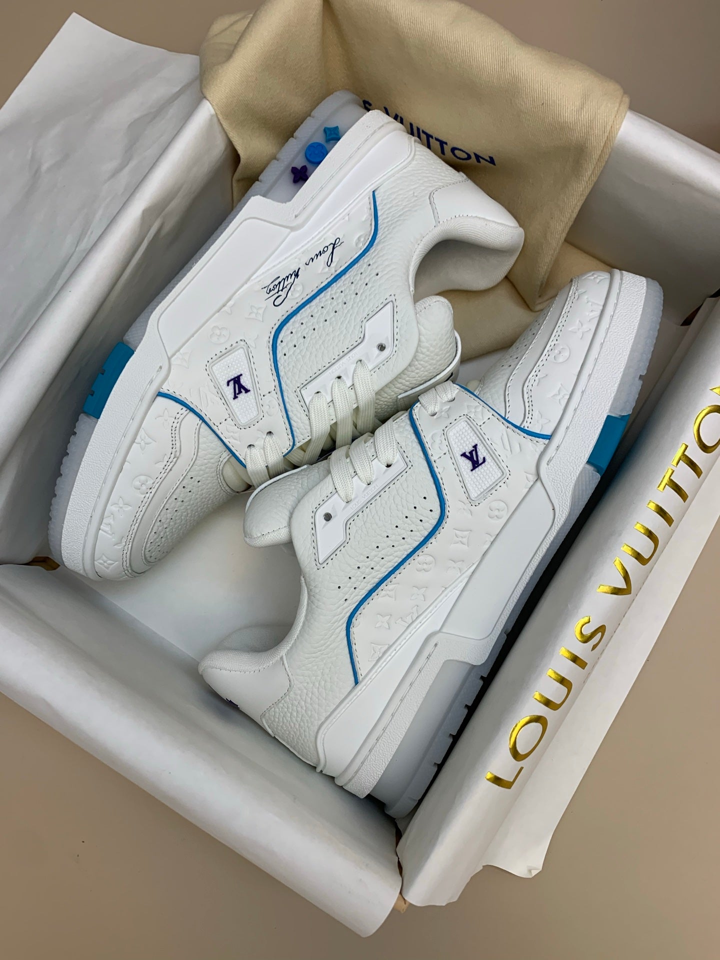 White Low-Top Sneakers with Blue Trim