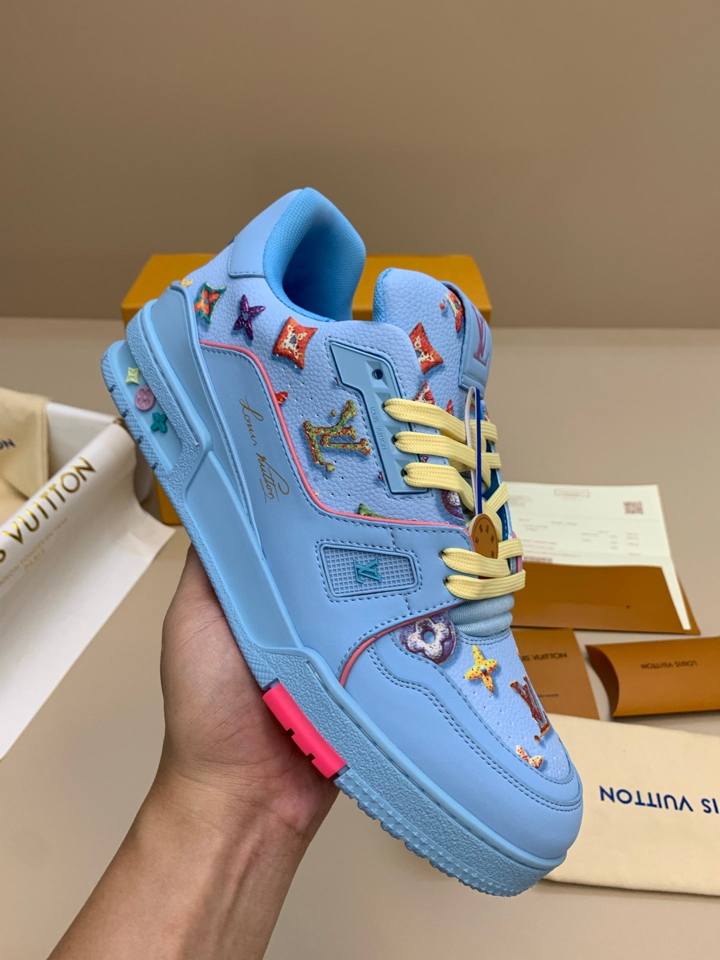 Light Blue Patterned Sneakers with Colorful Patches