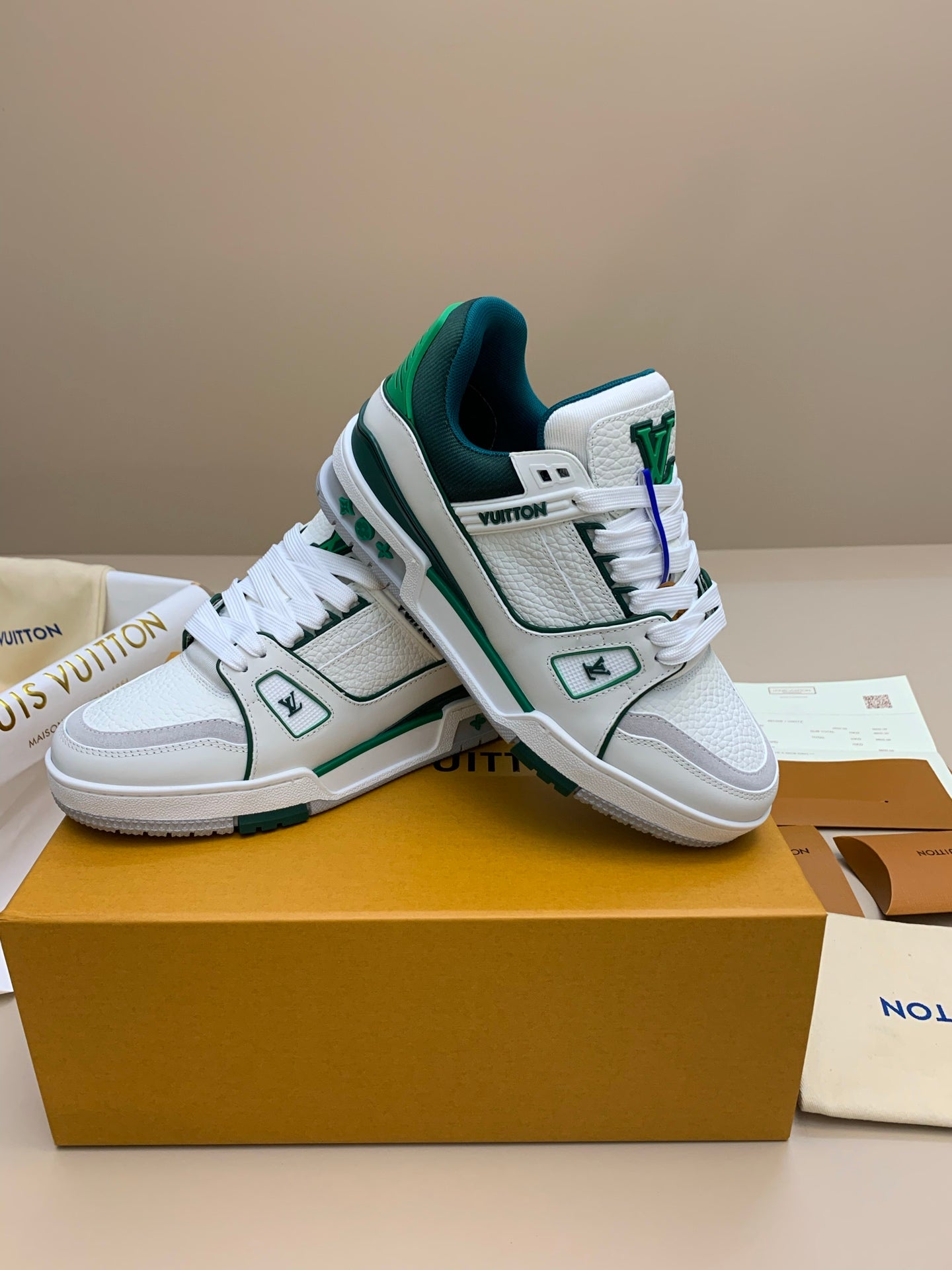 White and Green Lace-Up Sneakers with Patterned Upper