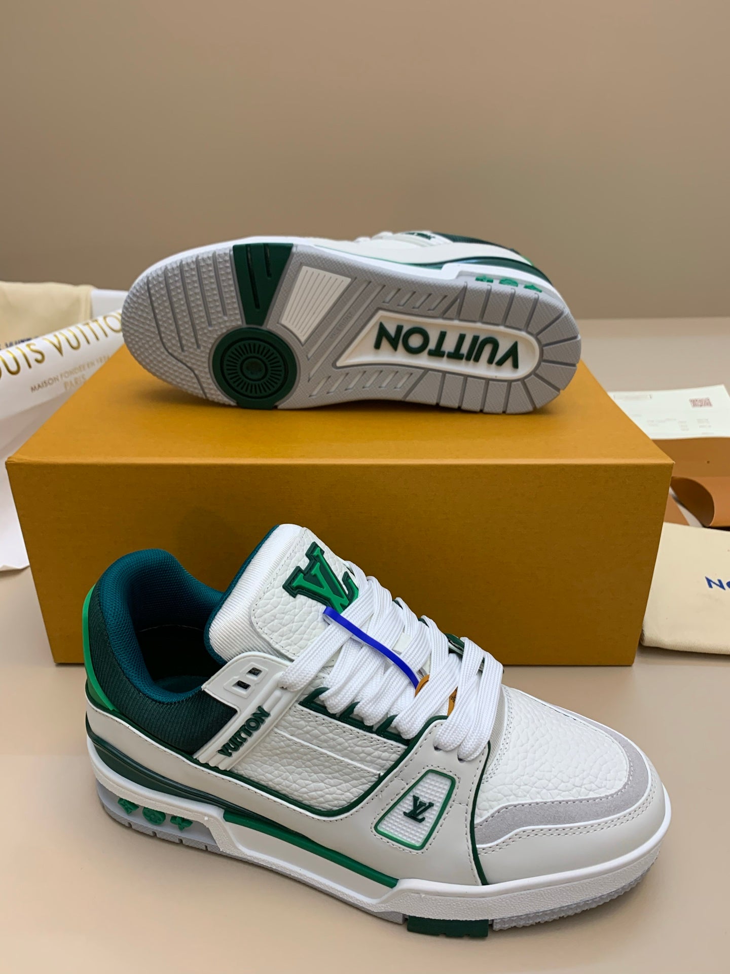 White and Green Lace-Up Sneakers with Patterned Upper