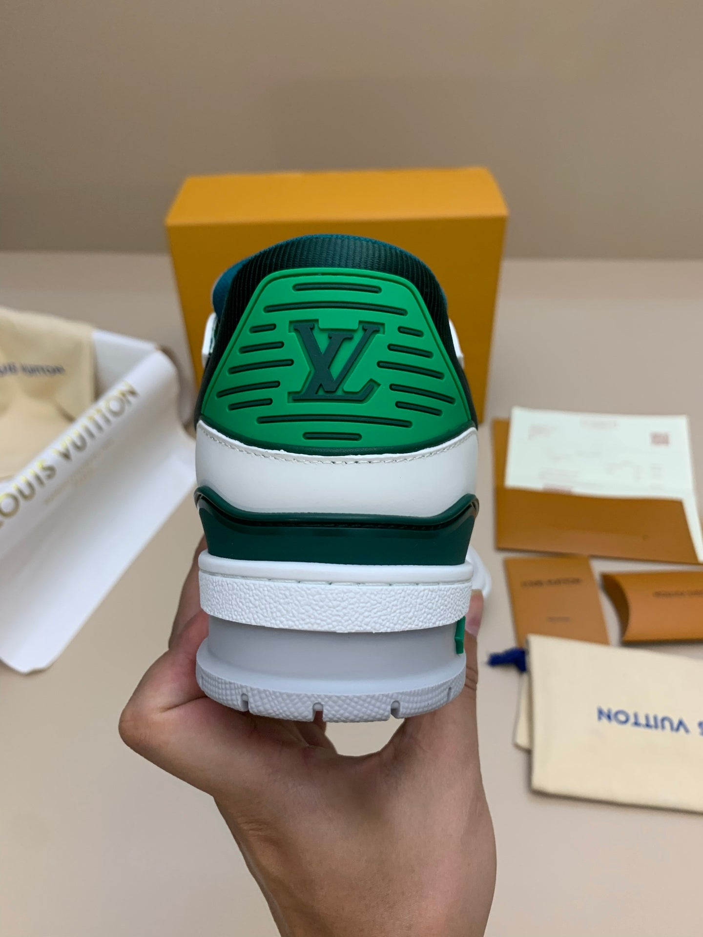 White and Green Lace-Up Sneakers with Patterned Upper