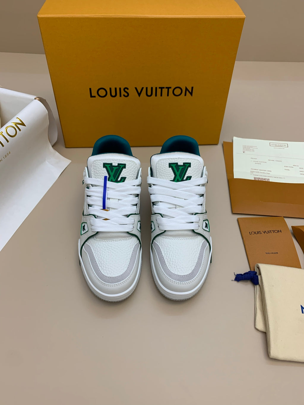 White and Green Lace-Up Sneakers with Patterned Upper