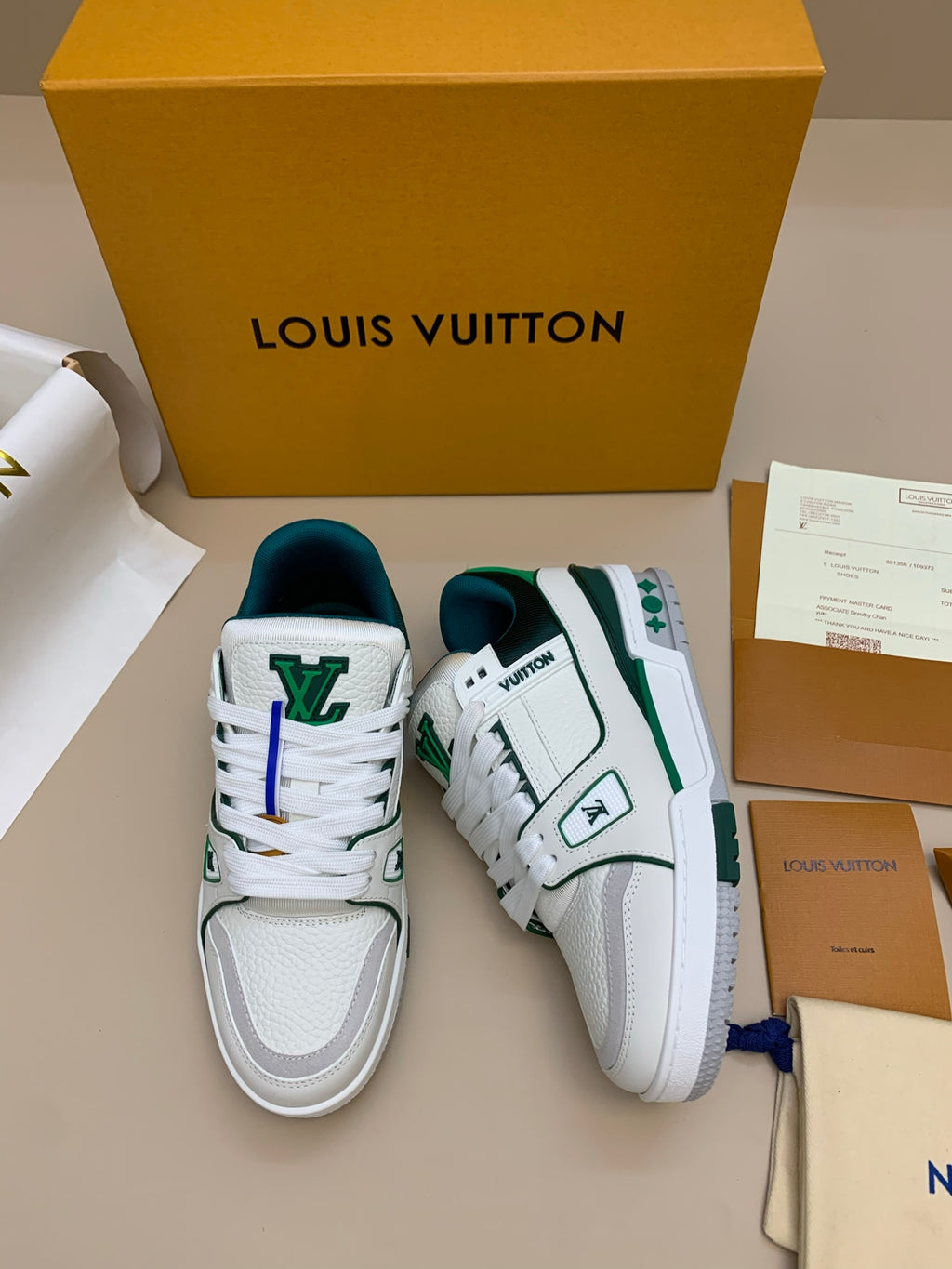 White and Green Lace-Up Sneakers with Patterned Upper