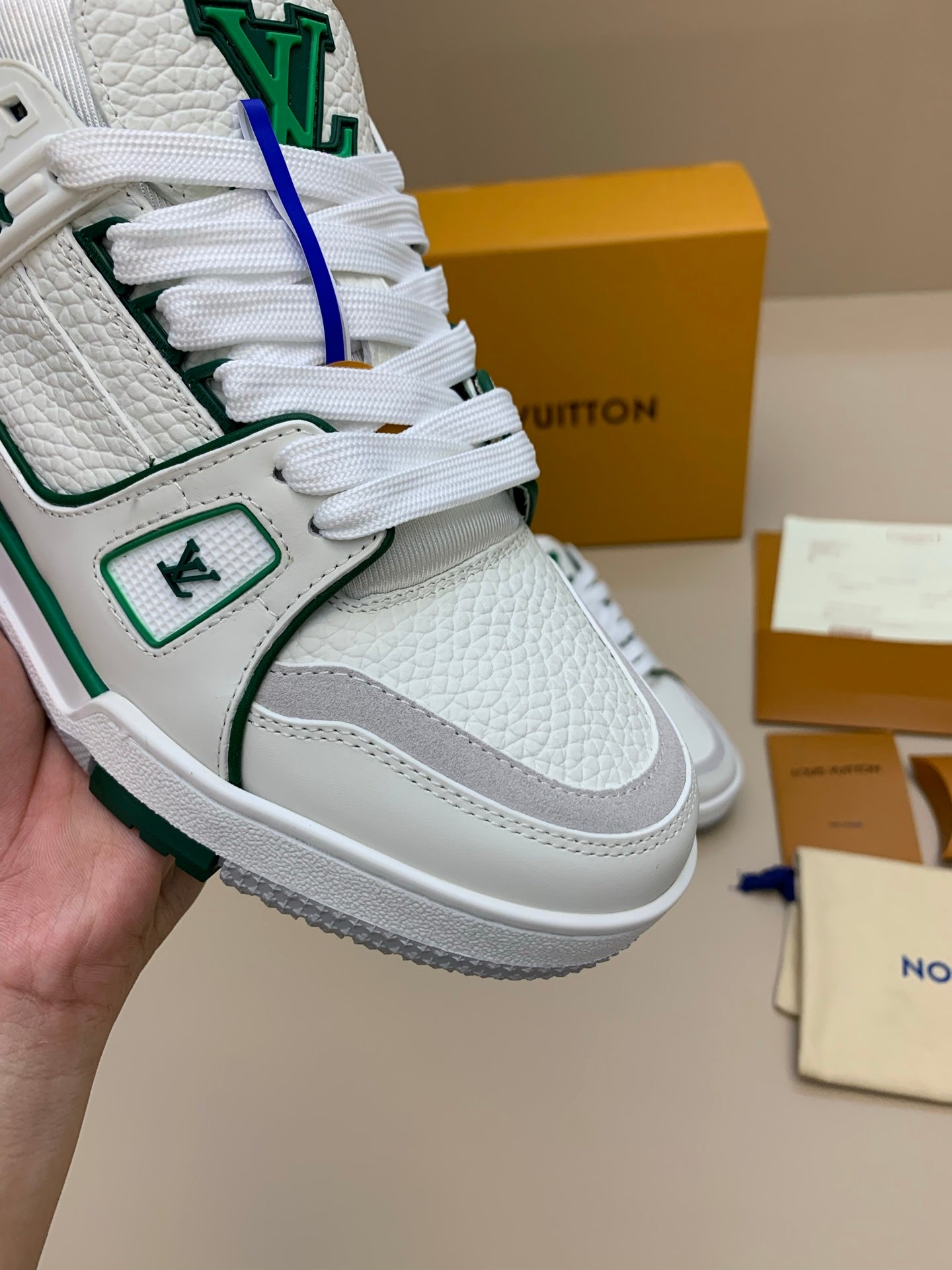 White and Green Lace-Up Sneakers with Patterned Upper