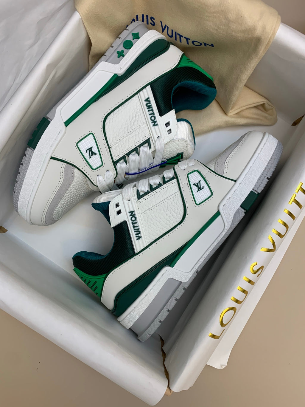 White and Green Lace-Up Sneakers with Patterned Upper