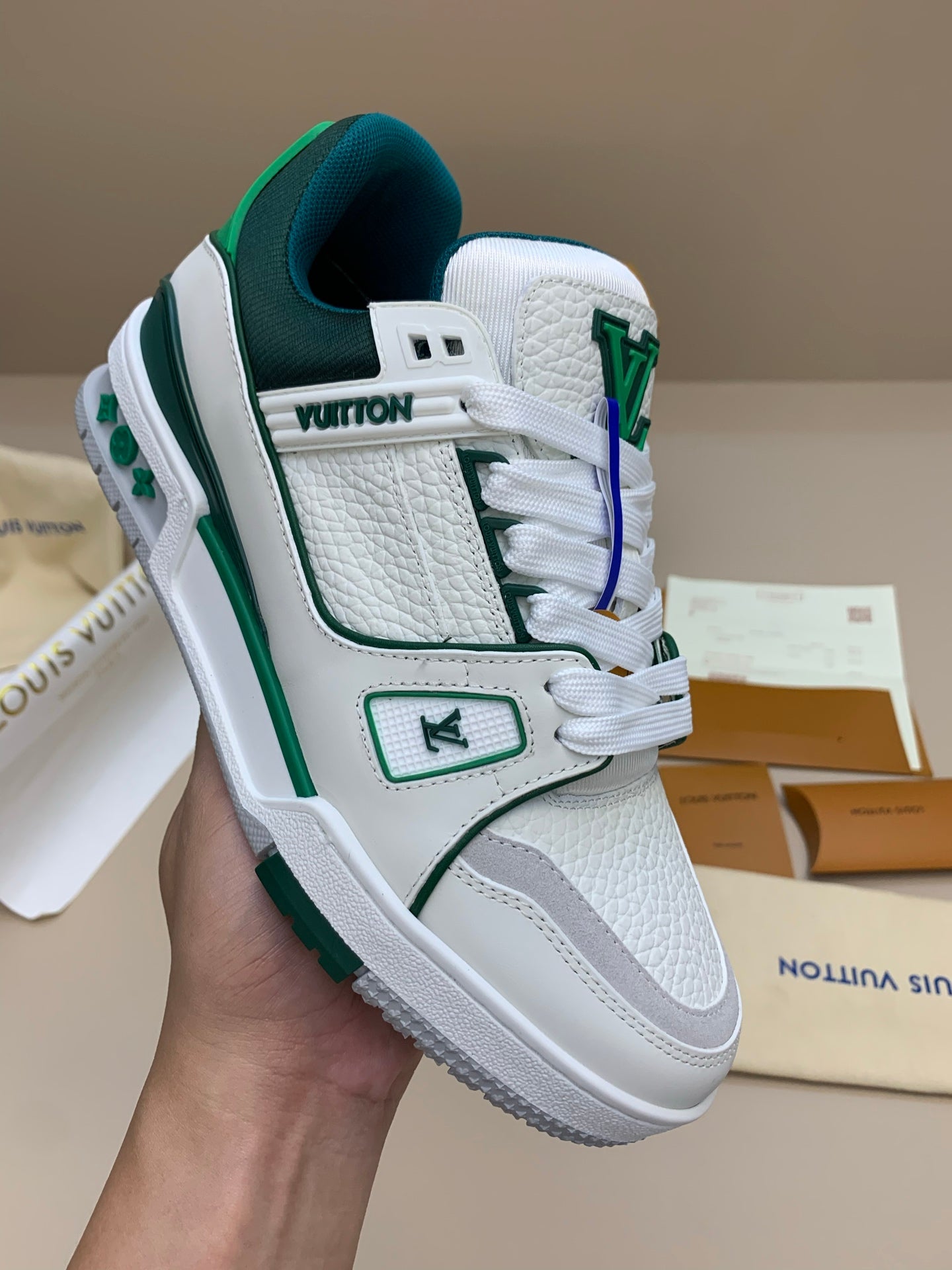 White and Green Lace-Up Sneakers with Patterned Upper