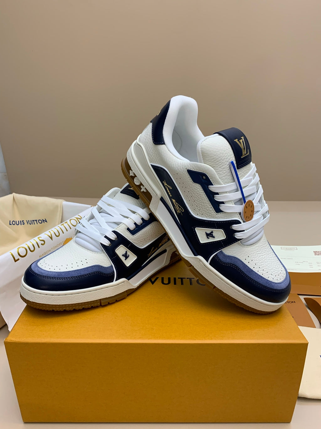 White and Navy Blue Leather Sneakers with Patterned Upper
