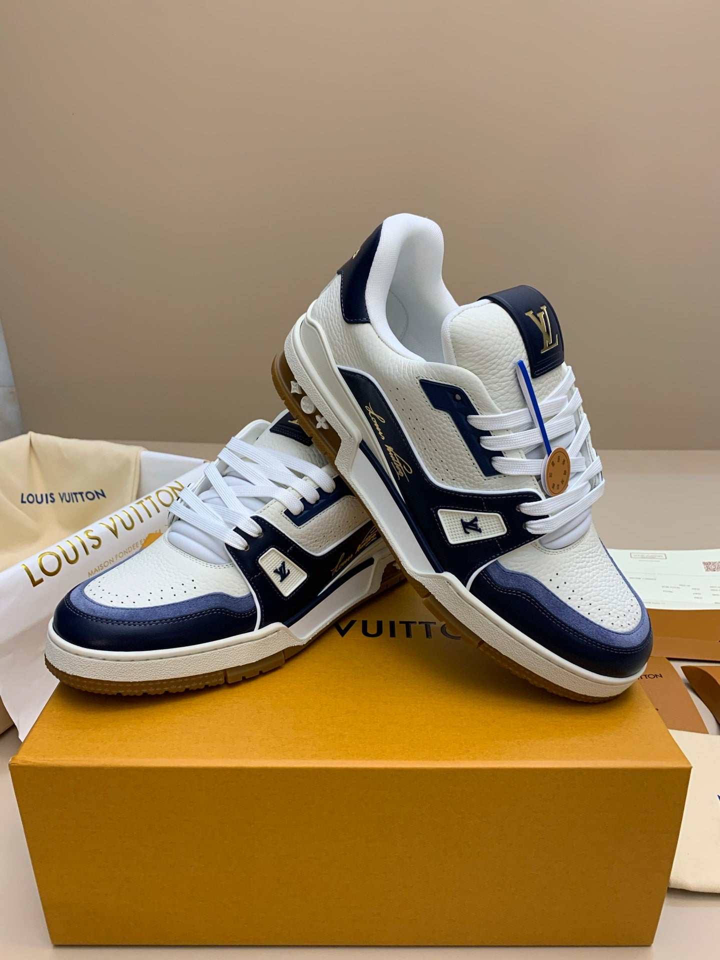 White and Navy Blue Leather Sneakers with Patterned Upper
