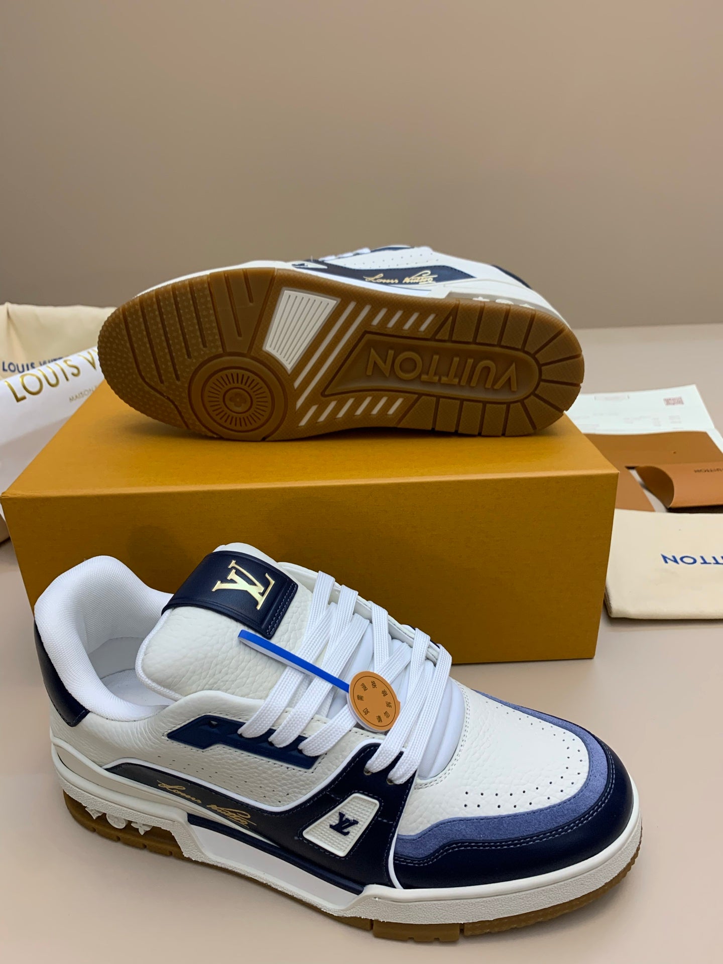 White and Navy Blue Leather Sneakers with Patterned Upper