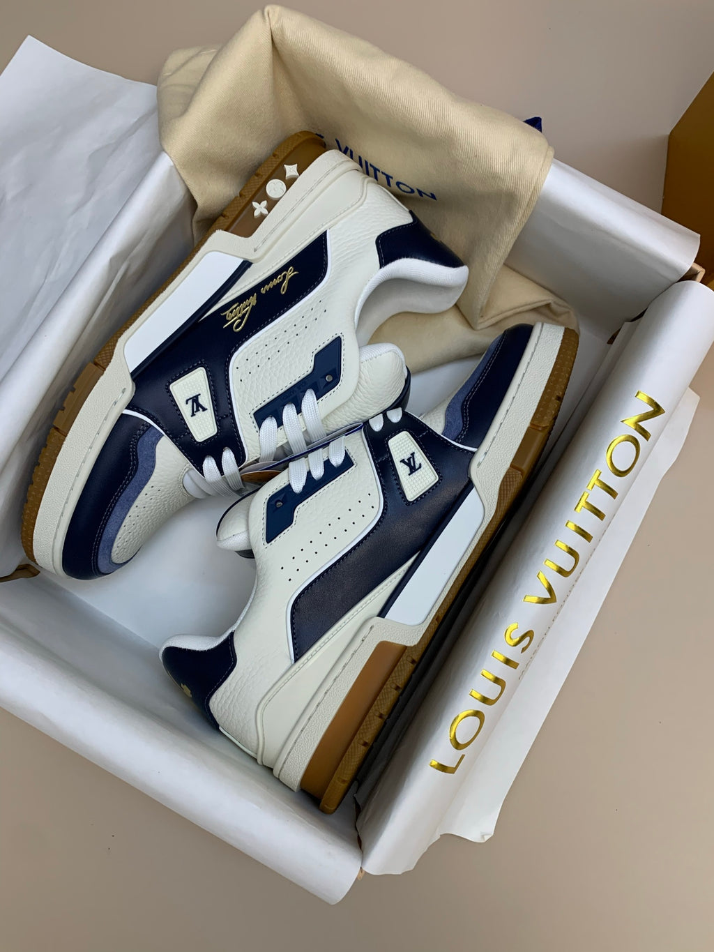 White and Navy Blue Leather Sneakers with Patterned Upper