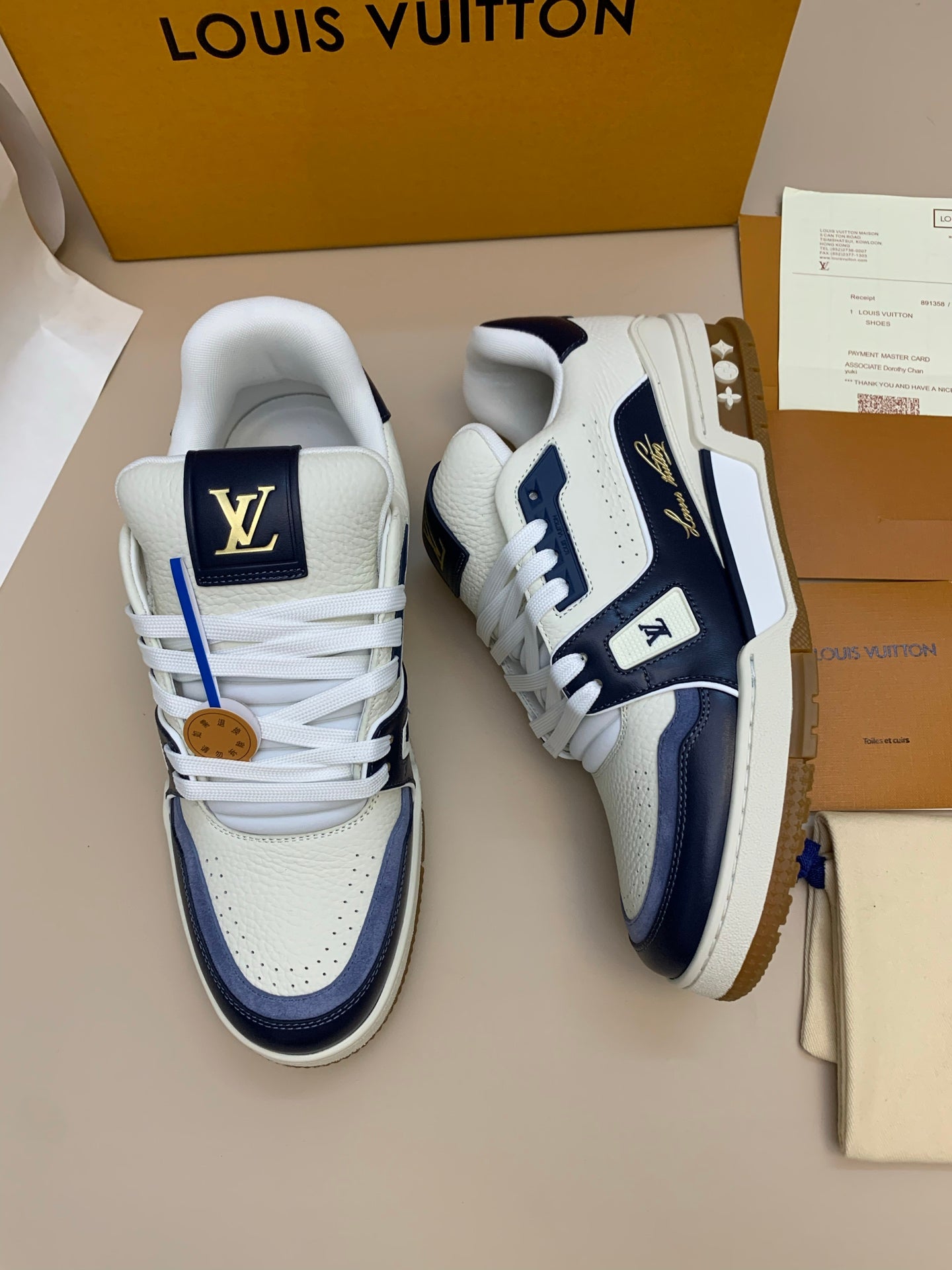 White and Navy Blue Leather Sneakers with Patterned Upper