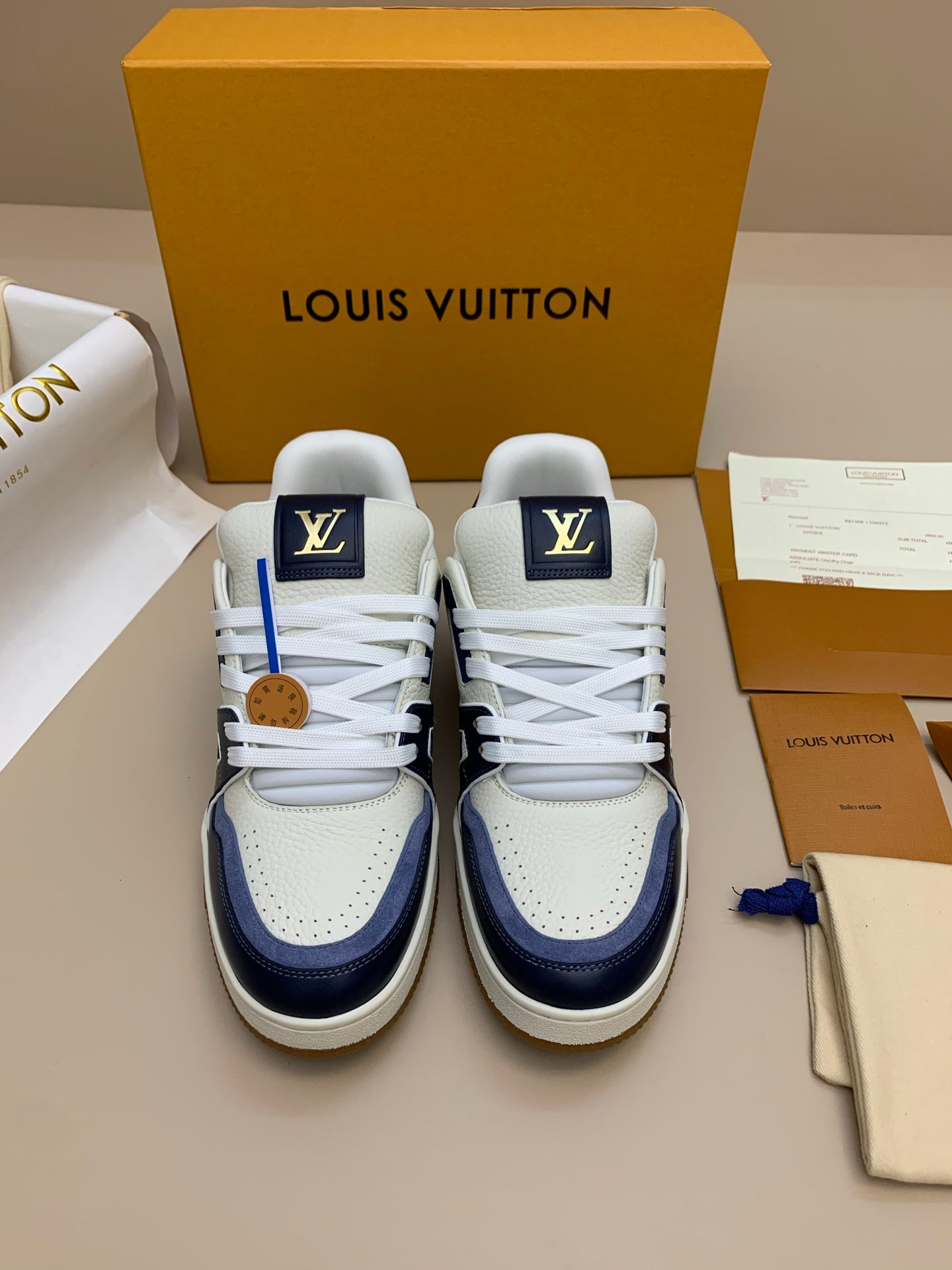 White and Navy Blue Leather Sneakers with Patterned Upper