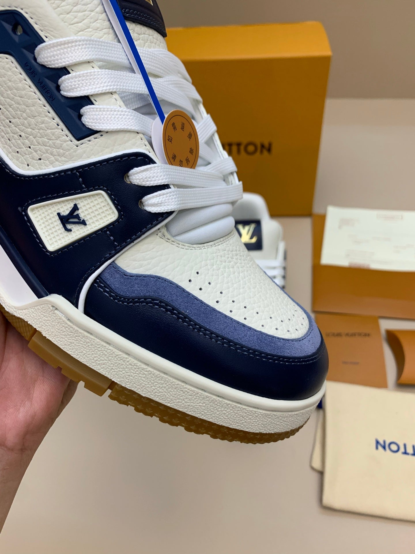 White and Navy Blue Leather Sneakers with Patterned Upper