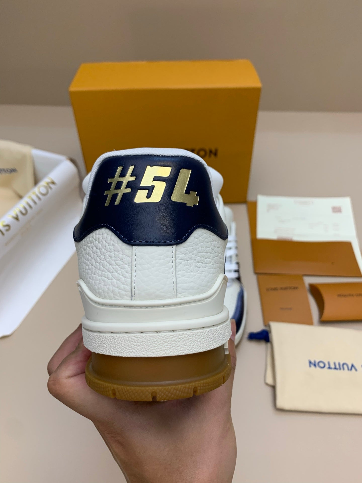 White and Navy Blue Leather Sneakers with Patterned Upper