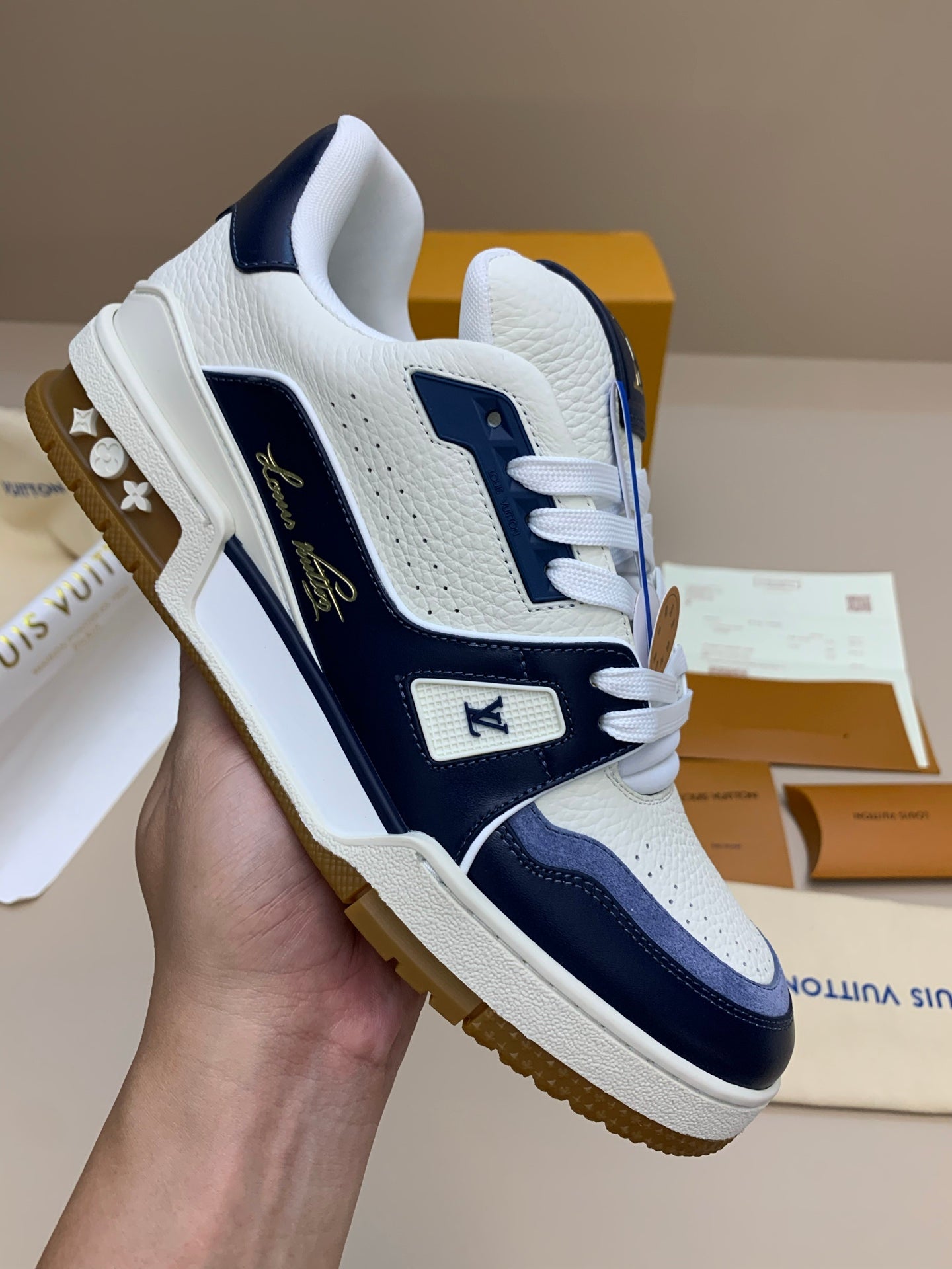 White and Navy Blue Leather Sneakers with Patterned Upper