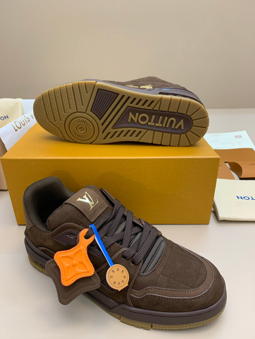 Brown Suede and Mesh Sneaker with Thick Sole