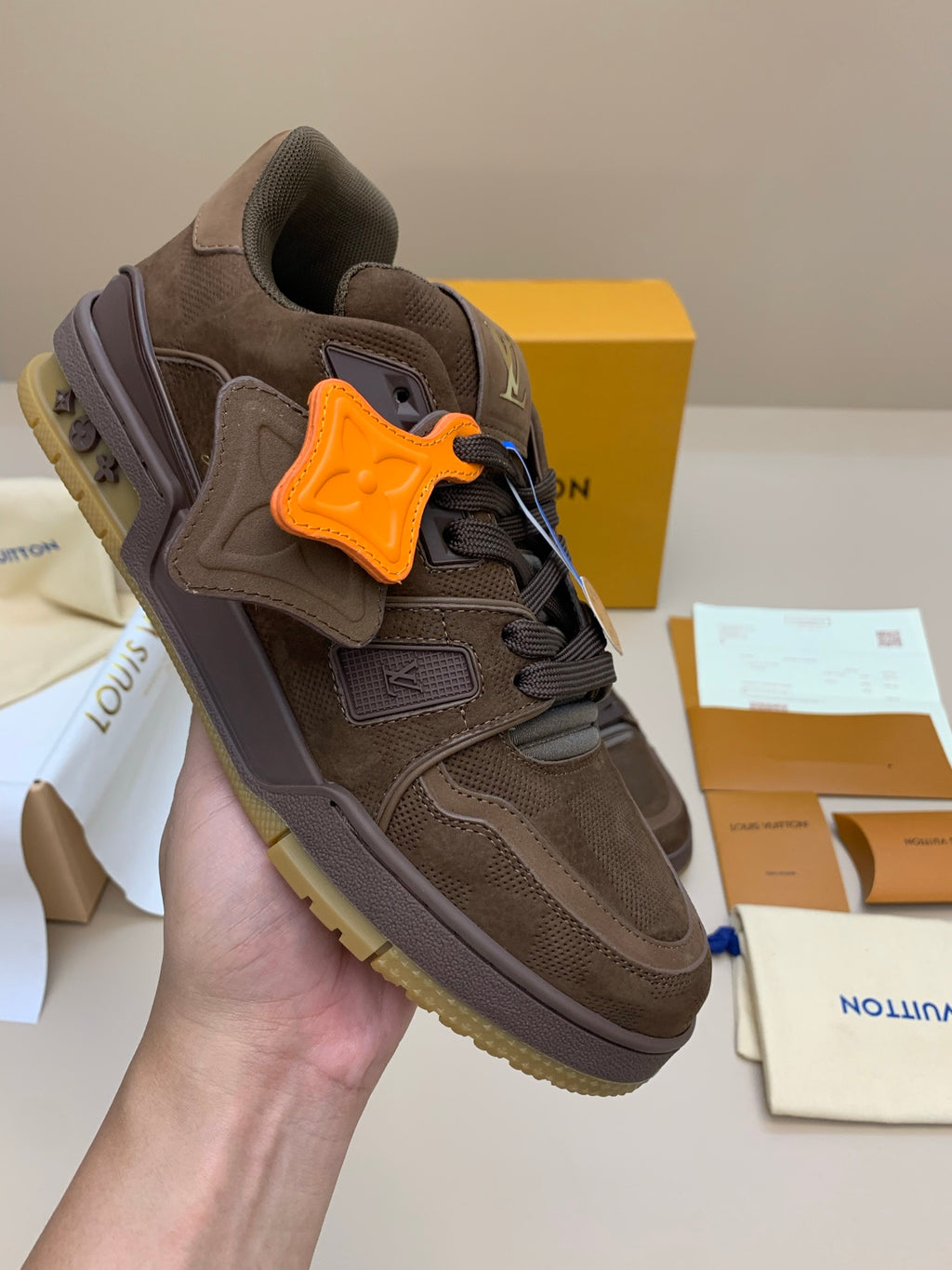 Brown Suede and Mesh Sneaker with Thick Sole