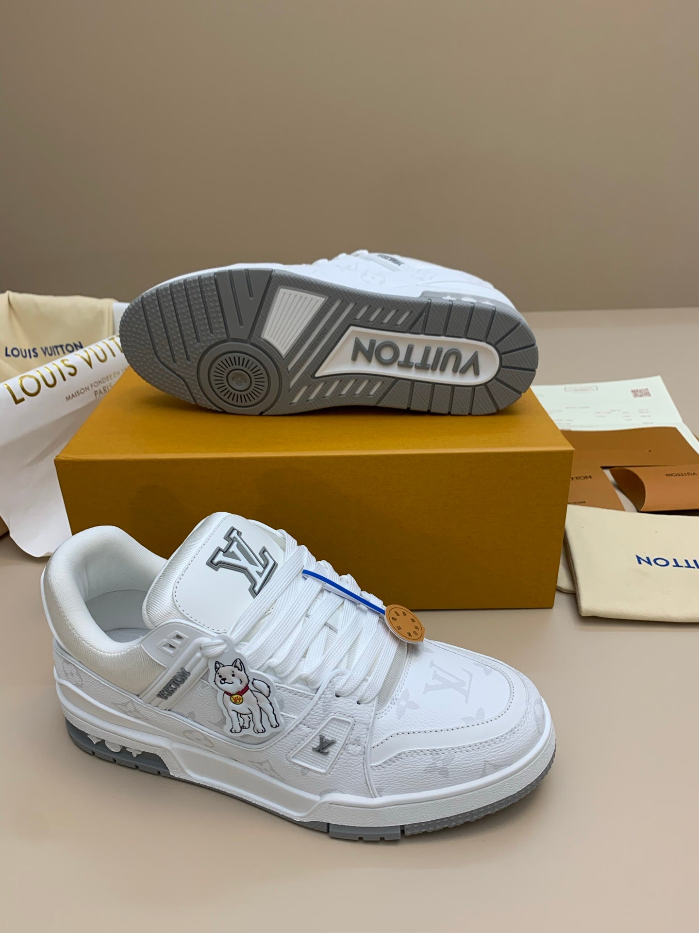 White and Gray Casual Sneakers with Patterned Upper