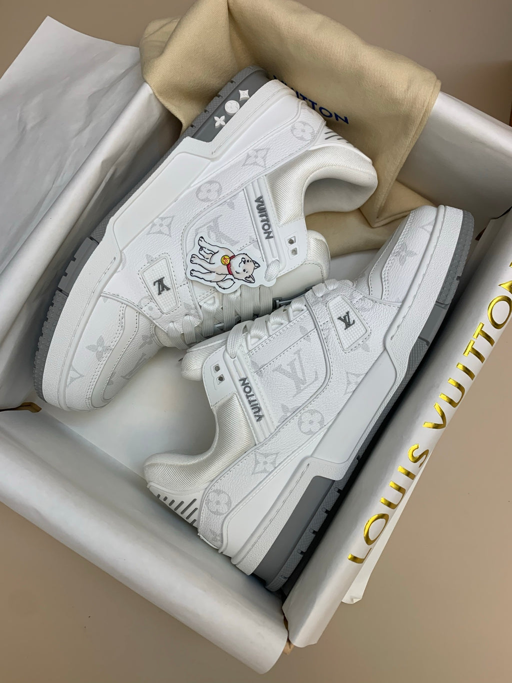 White and Gray Casual Sneakers with Patterned Upper