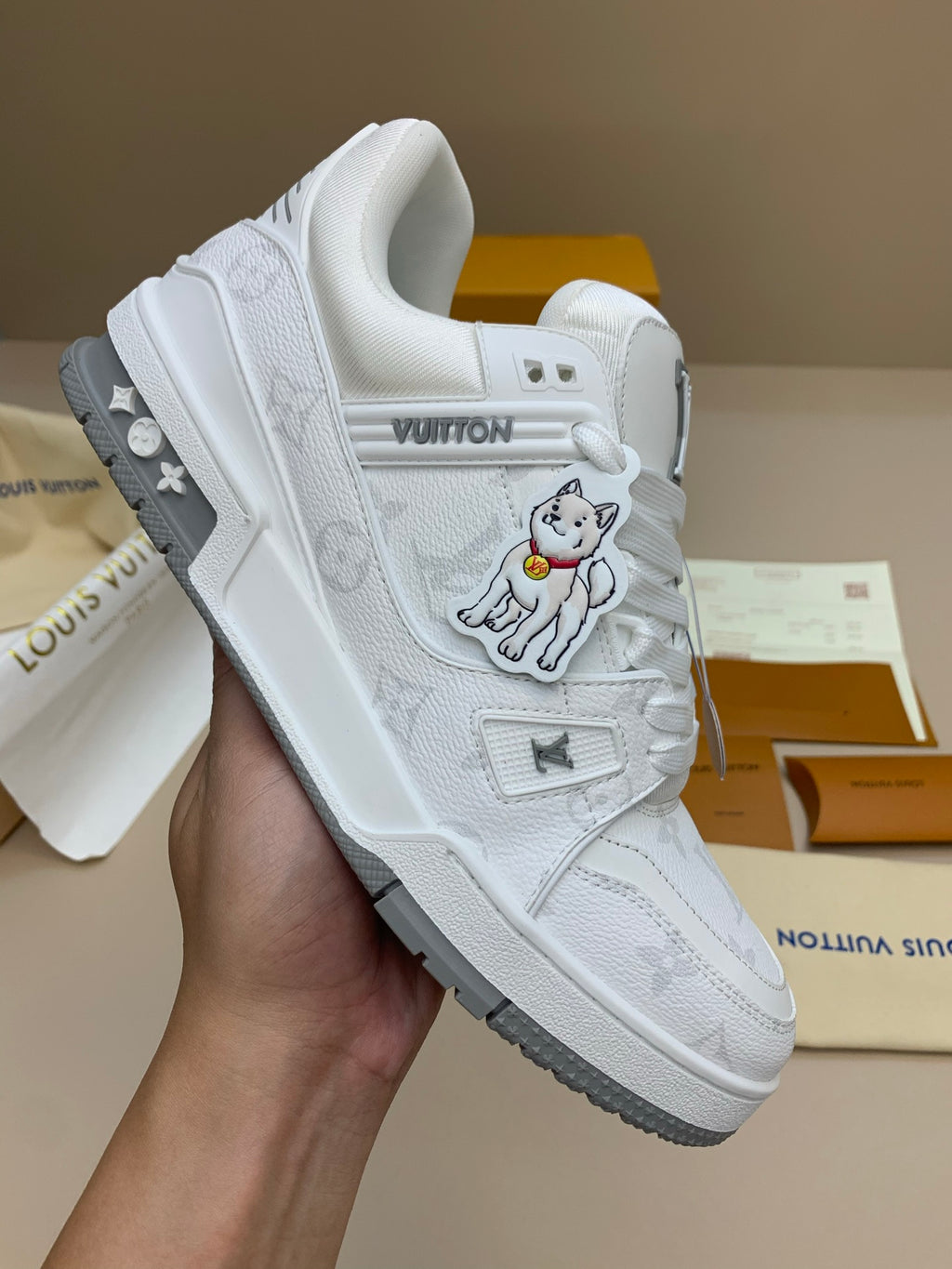 White and Gray Casual Sneakers with Patterned Upper