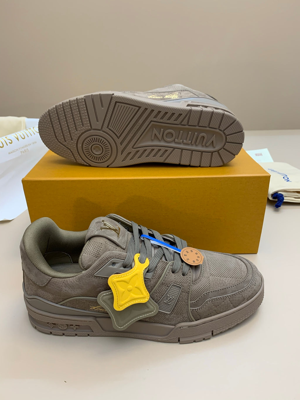 Gray Suede and Mesh Lace-Up Sneakers with Patterned Panels