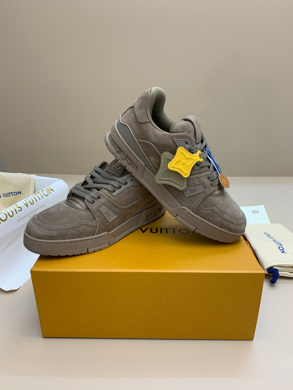 Gray Suede and Mesh Lace-Up Sneakers with Patterned Panels