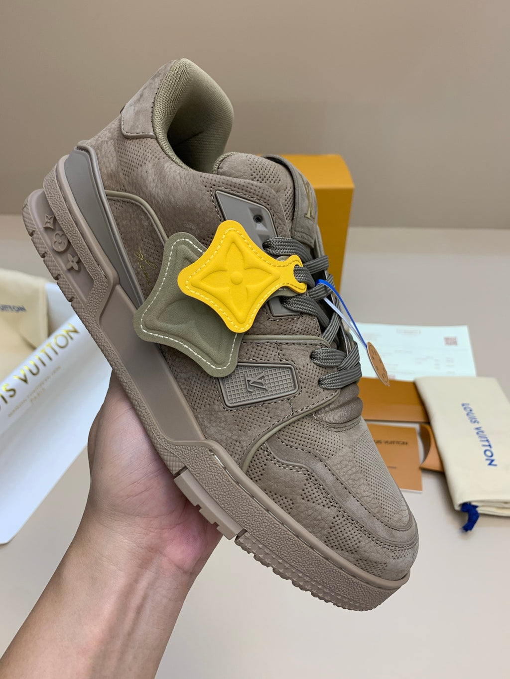Gray Suede and Mesh Lace-Up Sneakers with Patterned Panels