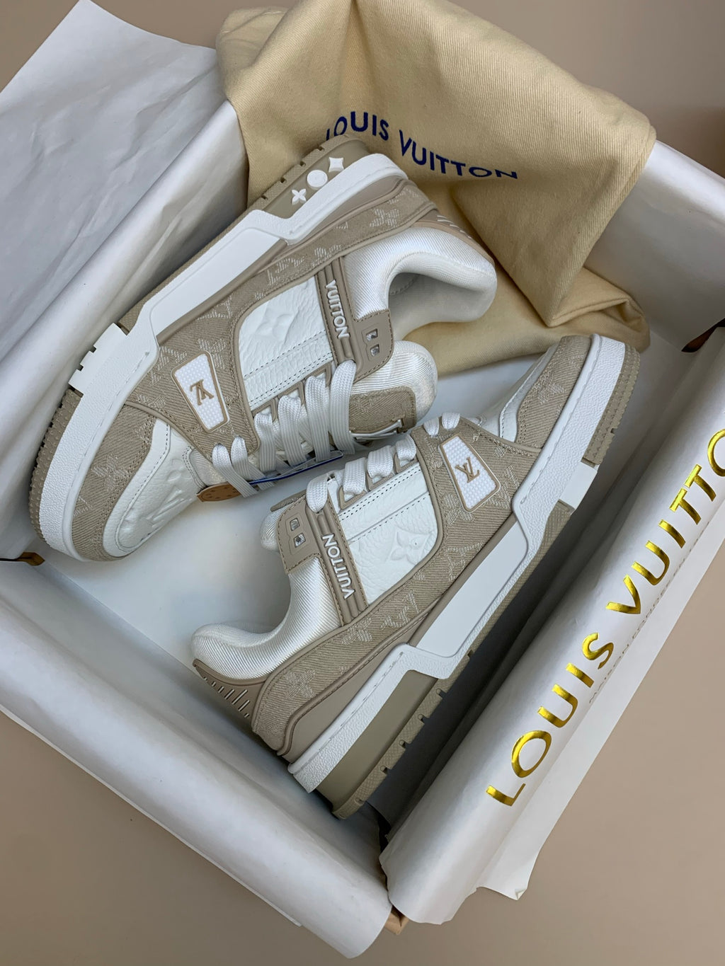 White and Beige Casual Sneakers with Thick Sole
