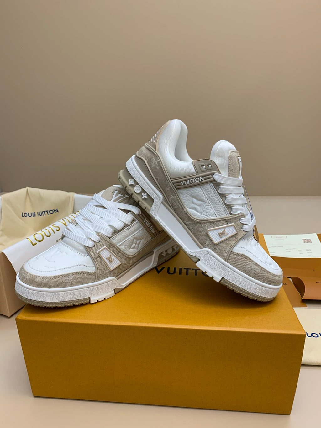 White and Beige Casual Sneakers with Thick Sole