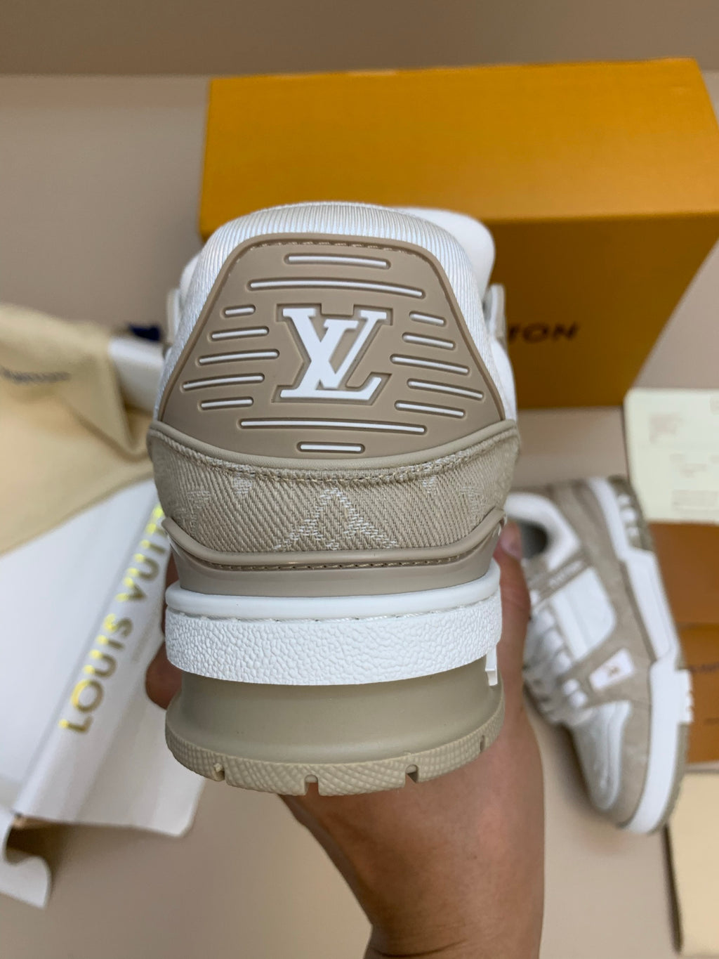 White and Beige Casual Sneakers with Thick Sole