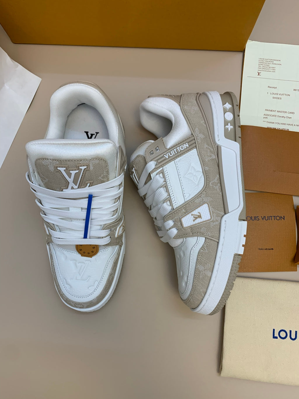 White and Beige Casual Sneakers with Thick Sole
