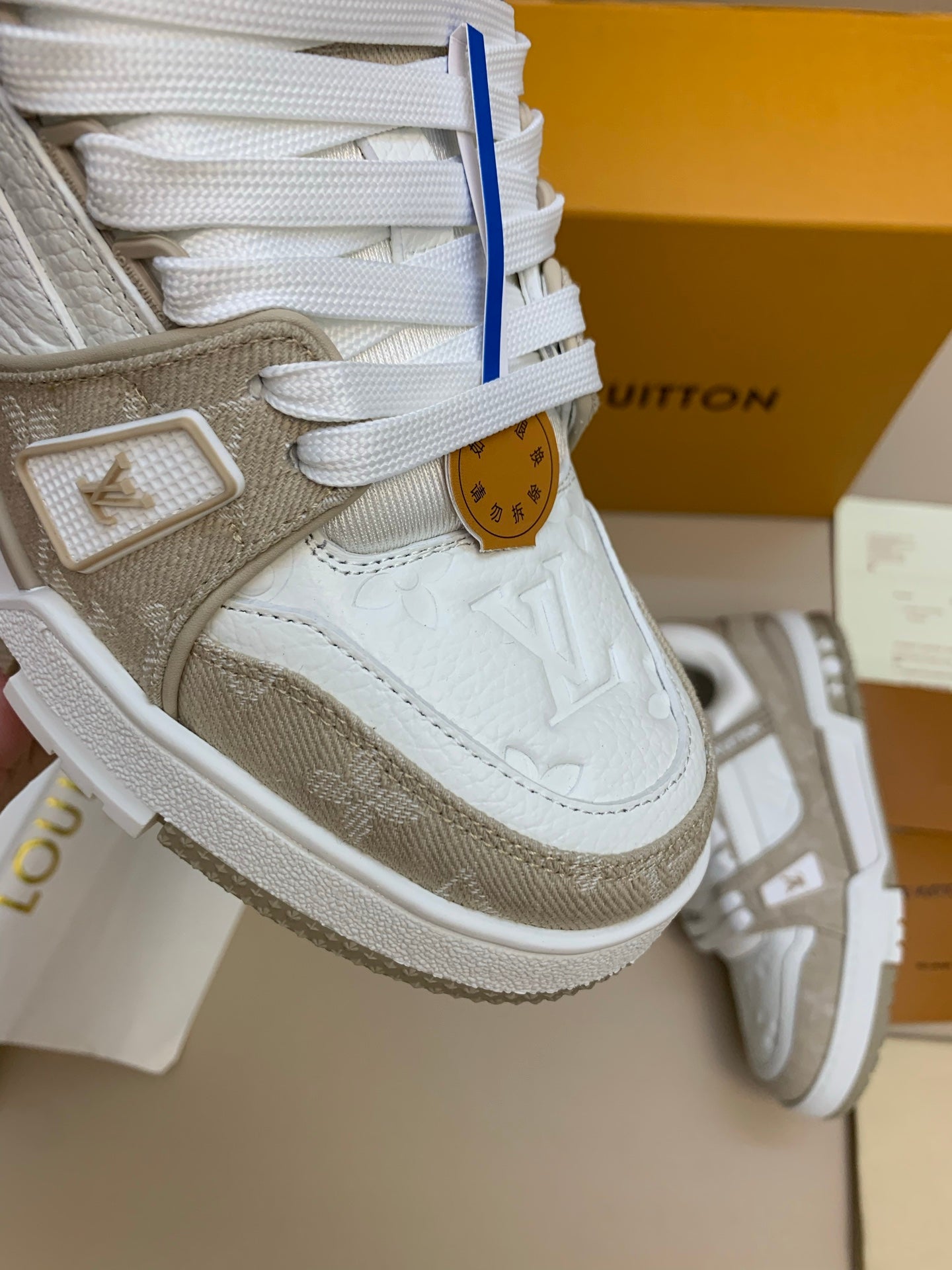 White and Beige Casual Sneakers with Thick Sole