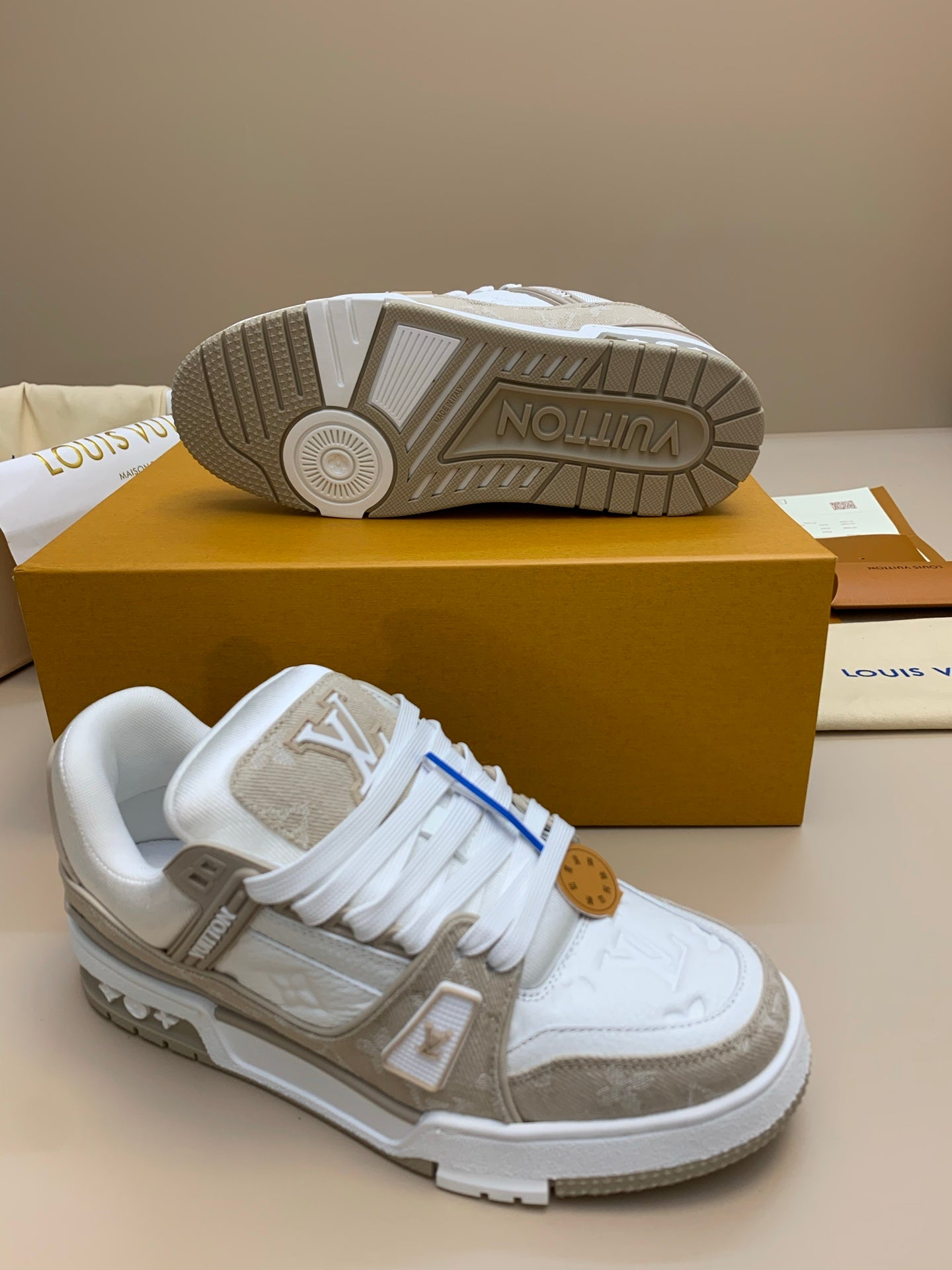 White and Beige Casual Sneakers with Thick Sole