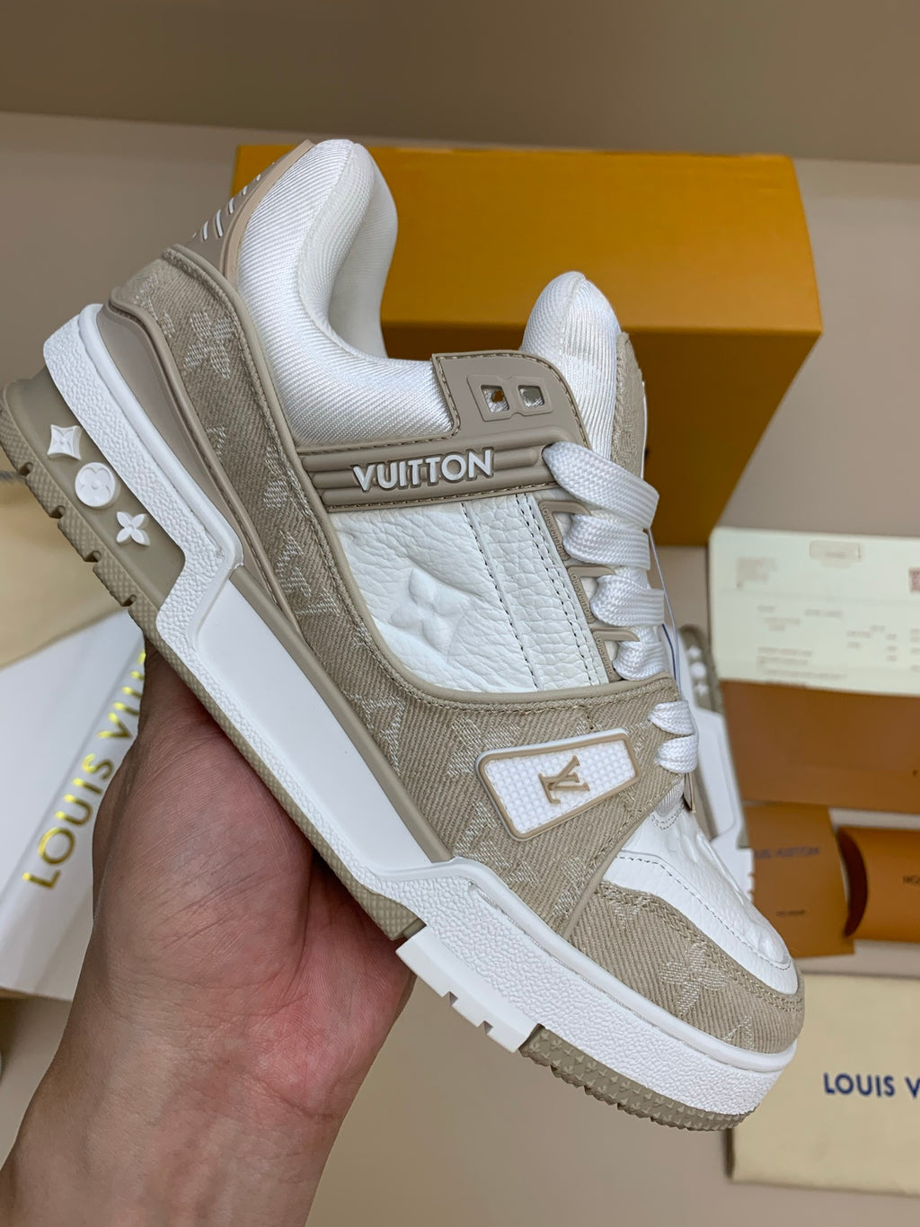 White and Beige Casual Sneakers with Thick Sole