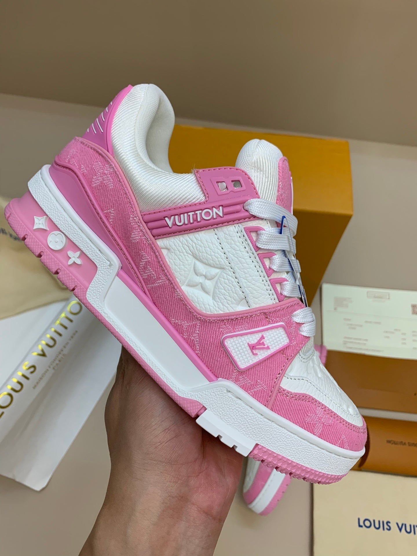 White and Pink Casual Sneakers with Patterned Upper