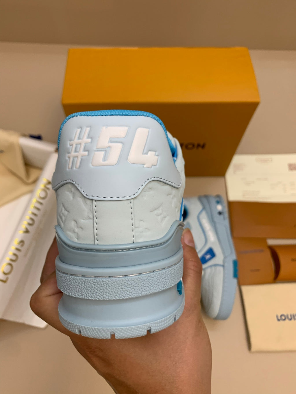 White and Light Blue Casual Sneakers with Patterned Upper